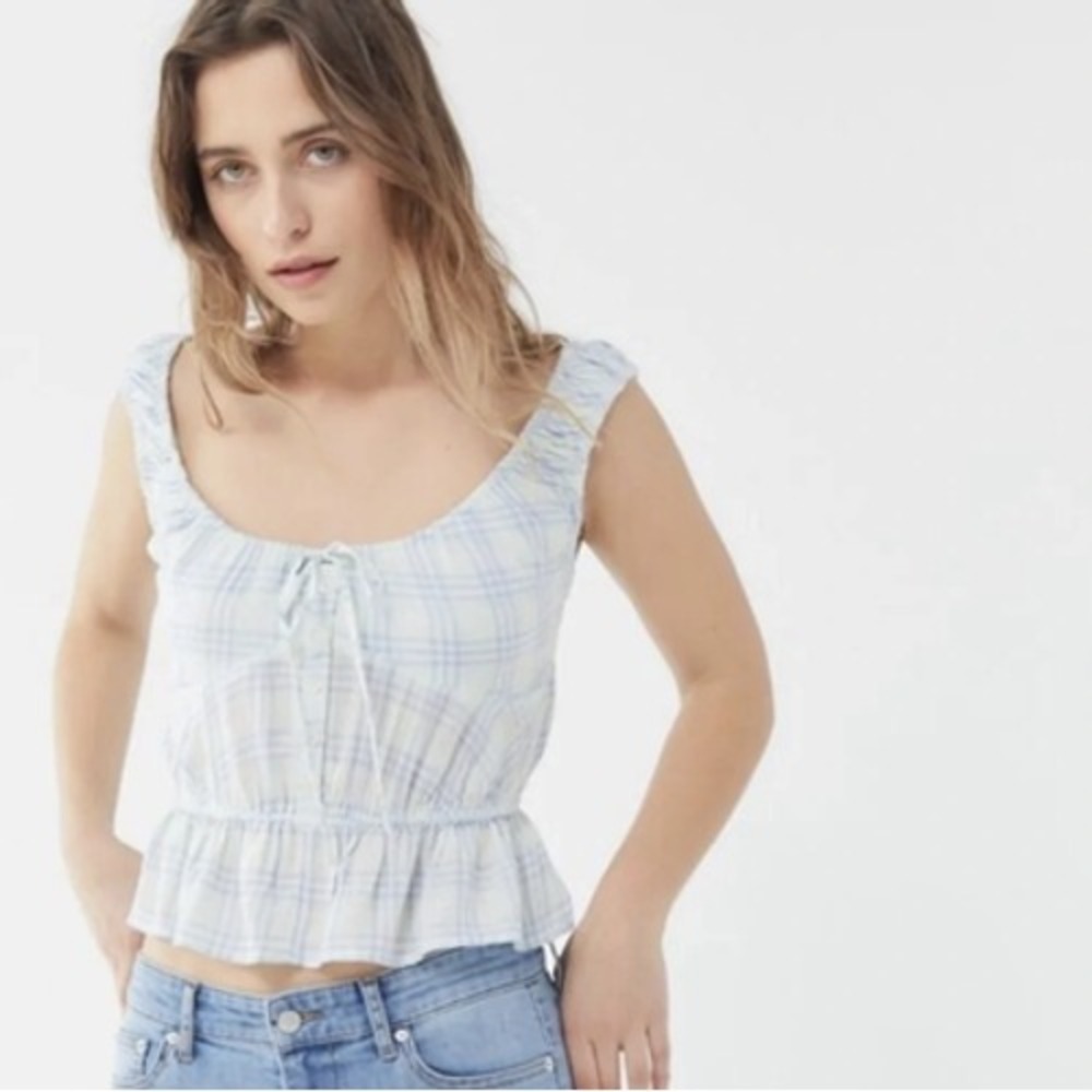 Urban Outfitters Babydoll Top Womens Medium Tank Plaid Ruffle Crop Summer